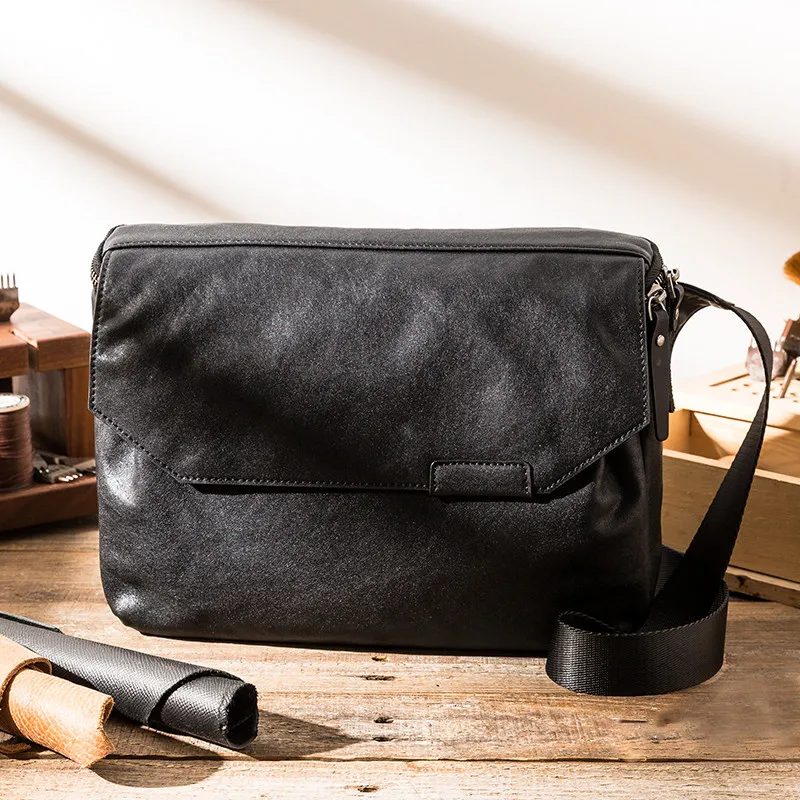 Fashion casual luxury genuine leather men's black messenger bag outdoor work commuting natural real cowhide tablets shoulder bag