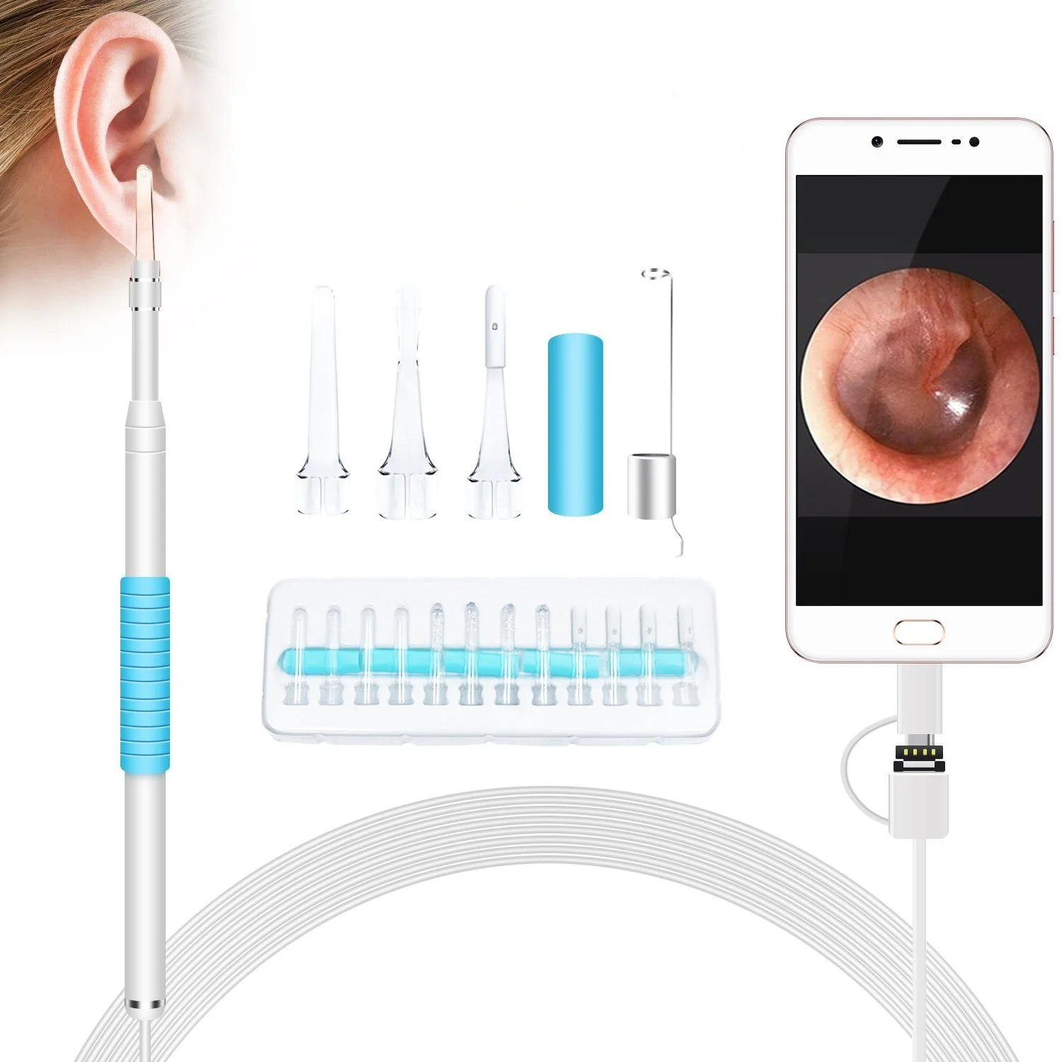

WiFi Ear Endoscope, Built in WiFi Wireless Ear Otoscope Inspection Camera Earwax Cleaning Ear Pick Spoon Tool with 6 Led