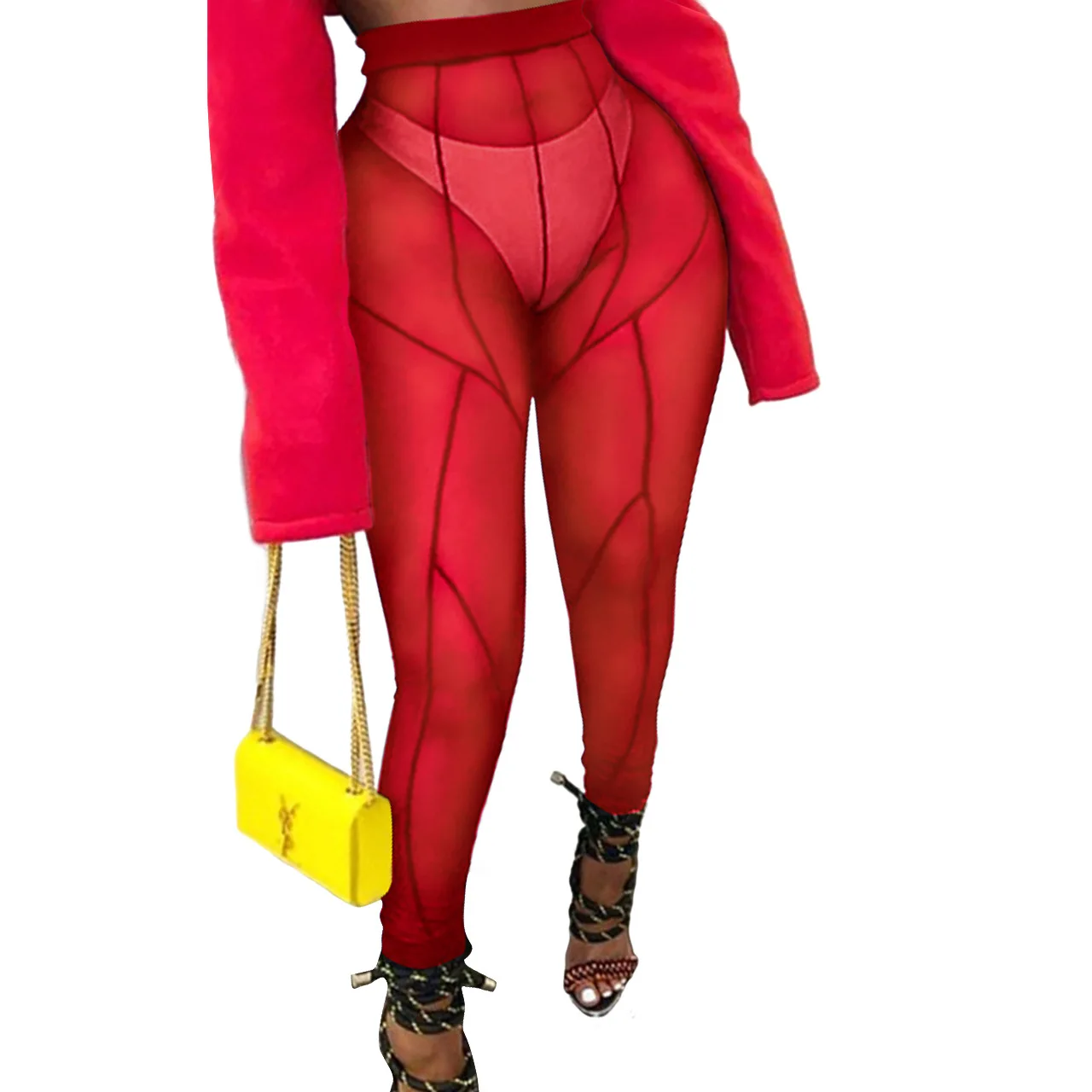 Сексуальные прозрачные сетчатые лоскутные брюки с высокой талией женские