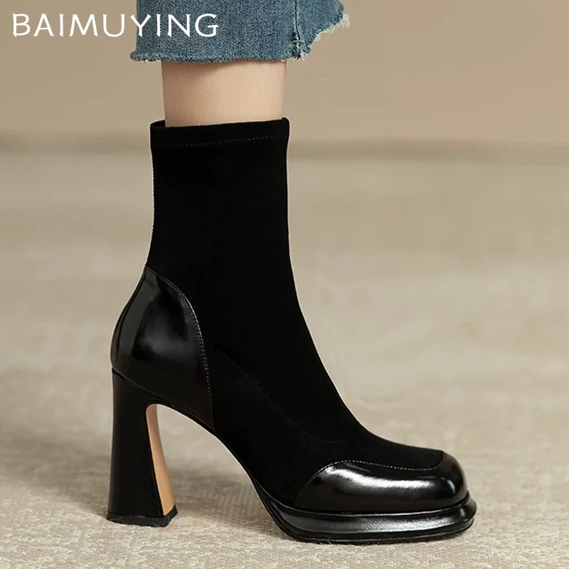 Женские ботильоны на высоком каблуке замшевые элегантные туфли с квадратным