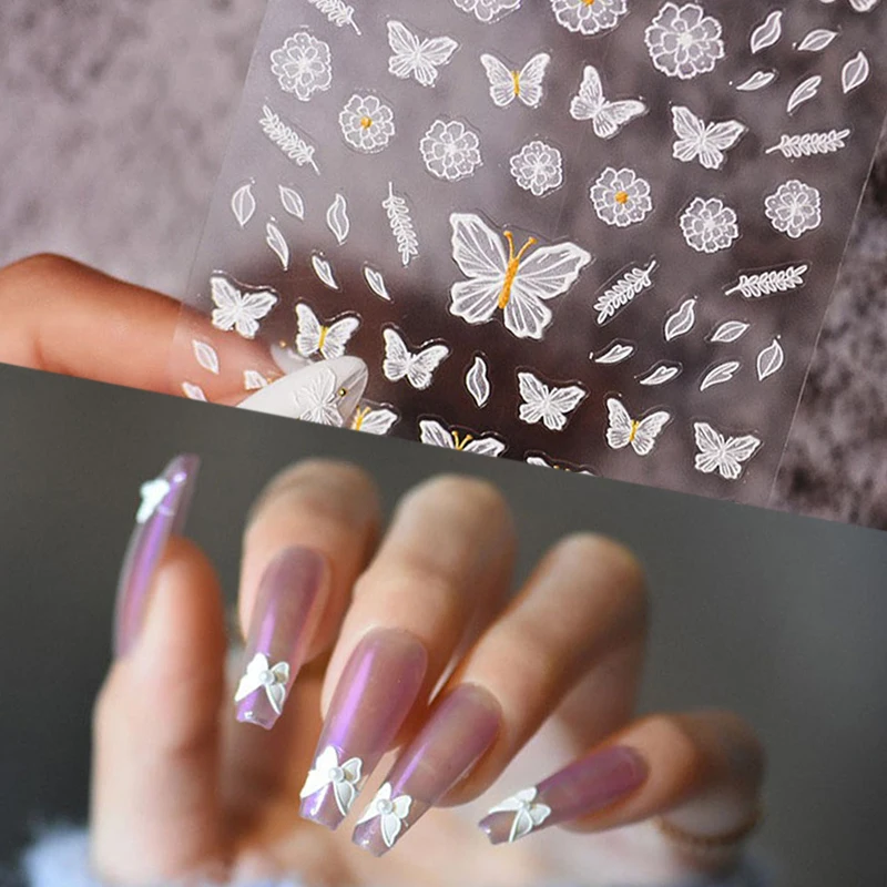 

5D/3D Nail Sticker Diy Leuke Witte Bloem Nail Sticker Manicure Decals Voor Ontwerp Sticker Zelfklevende Transfer Folie decoratie