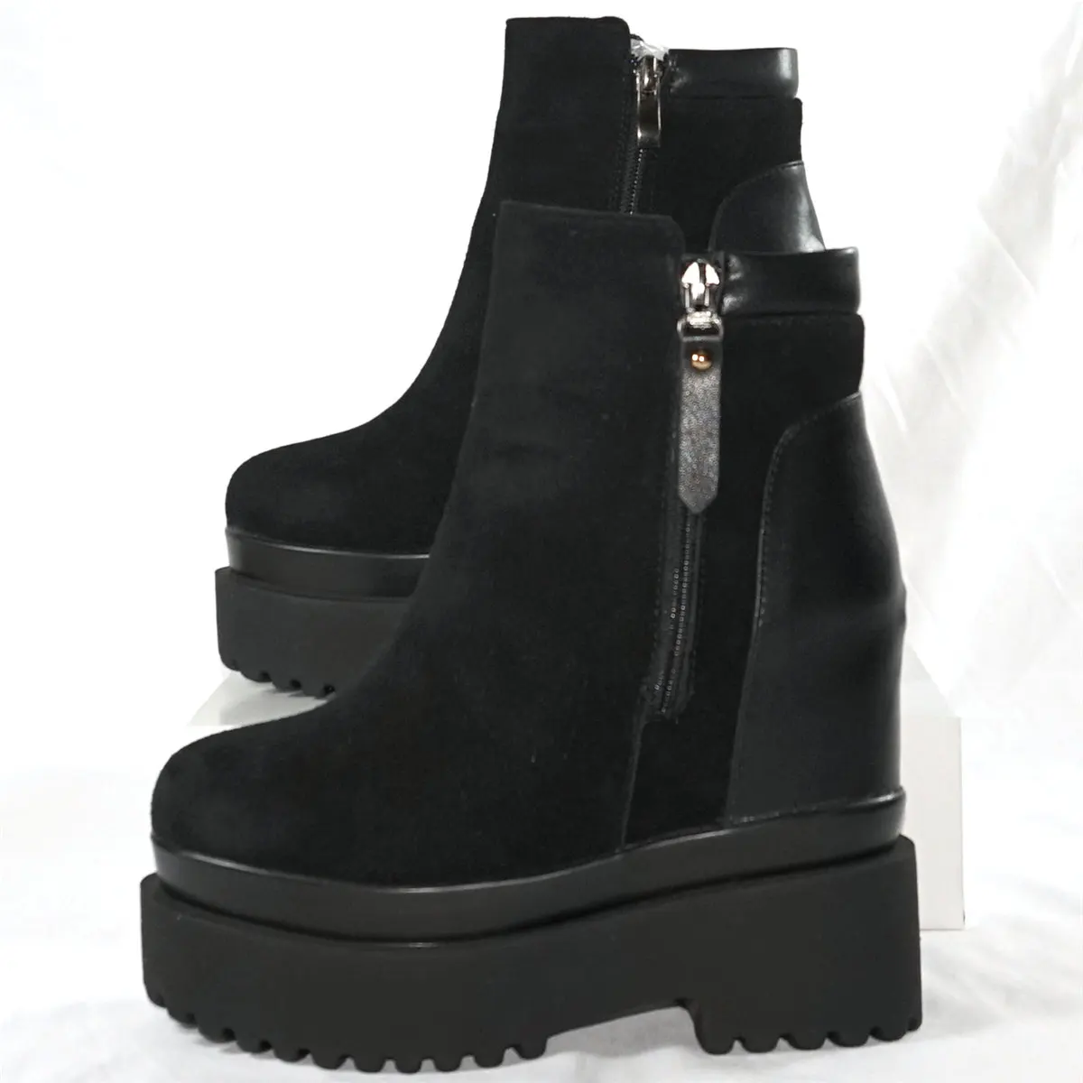 High Top Platform Creepers Women Genuine Leather Wedges High Heel Pumps Female Winter Round Toe Fashion Sneakers Casual Shoes