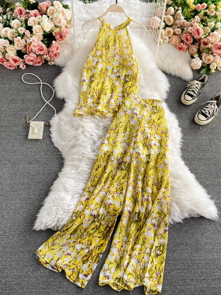 

LY VAREY LIN New Summer Women Holiday Style Two Piece Set Hanging Neck Off Shoulder Chiffon Tops+high Waist Wide Leg Pants