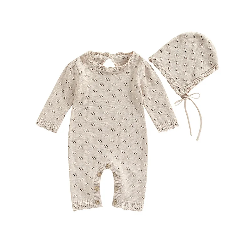 

2 Pieces Baby Girl Boy Outfit Solid Color Hollow Out Knitted Long Sleeve Jumpsuit + Hat Set for Infants 3-24 Months