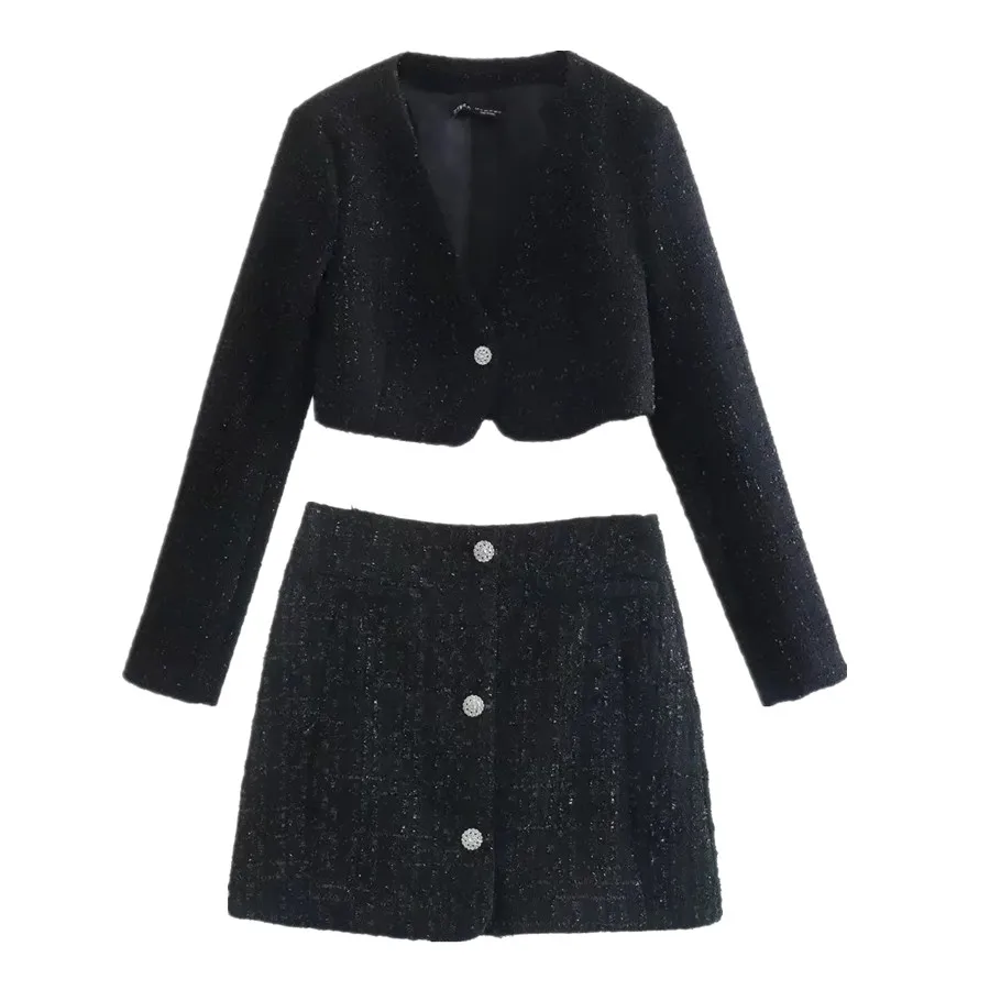 

Женский твидовый комплект из двух предметов, пикантный короткий пиджак в английском стиле с завышенной талией, юбка-мини на пуговицах в вин...