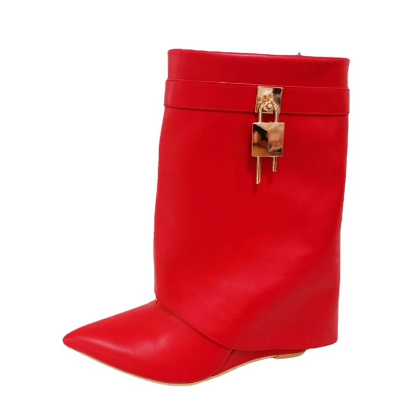 

Pant Boots Women's Winter Boots 2022 Elegant Ladies Brand Luxury Designe Metal Lock Wedges Black Red Ankle Boots Large Size 43