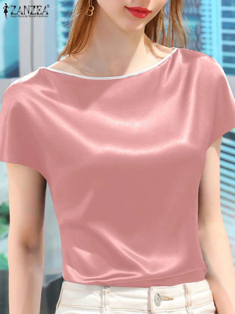 

Летняя рубашка ZANZEA с коротким рукавом в стиле пэчворк, Элегантная Женская атласная блузка с коротким рукавом, Стильные повседневные офисные блузы, женские топы