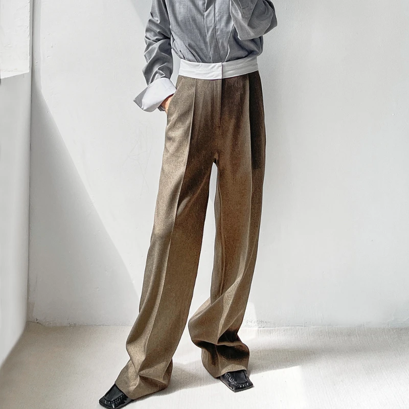 

Новинка Осень-зима Саржевые широкие брюки стройнящий белый пояс смешанные цвета прямые женские брюки