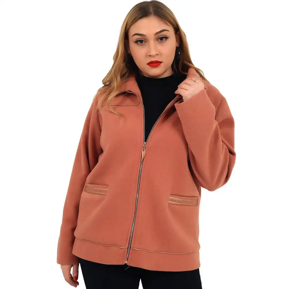 Fierte Women Plus Size Coats Lm46242 Zipper Closure Lining Leather Detail Pocket Wool Blend Winter Thick Casual Khaki Pink