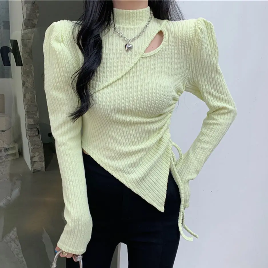 

HziriP Pullovers Women Hollow Out Sweaters New Close Waist 2022 OL Sexy Puff Sleeves Chic Casual Streetwear Jumpers