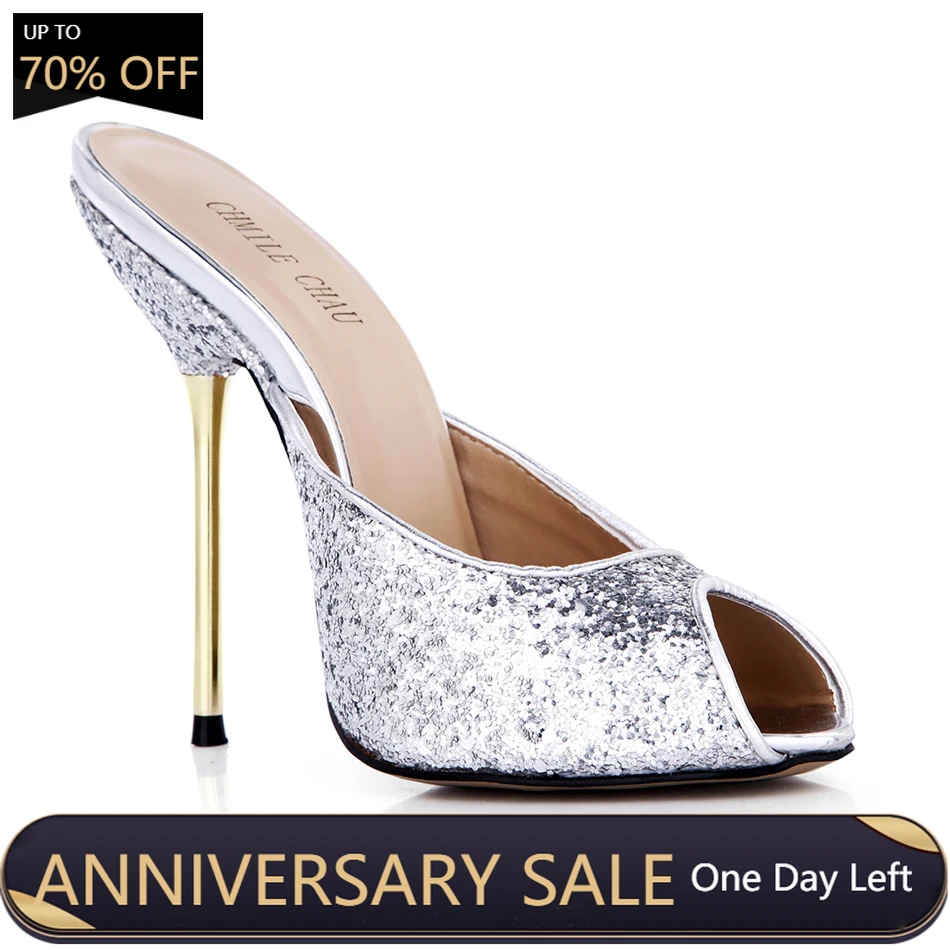 

Sexy Glitter Bridal Wedding Stiletto Iron Heel Women Slide Sandals Scarpe Donna Sandalias Tacco Alto Spillo Matrimonio YJ3845-f2