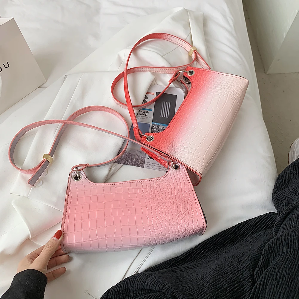 

Fashion Female PU Leather Crossbody Bags Gradient Color Messenger Bags Casual Ladies Small Embossing Alligator Handbag