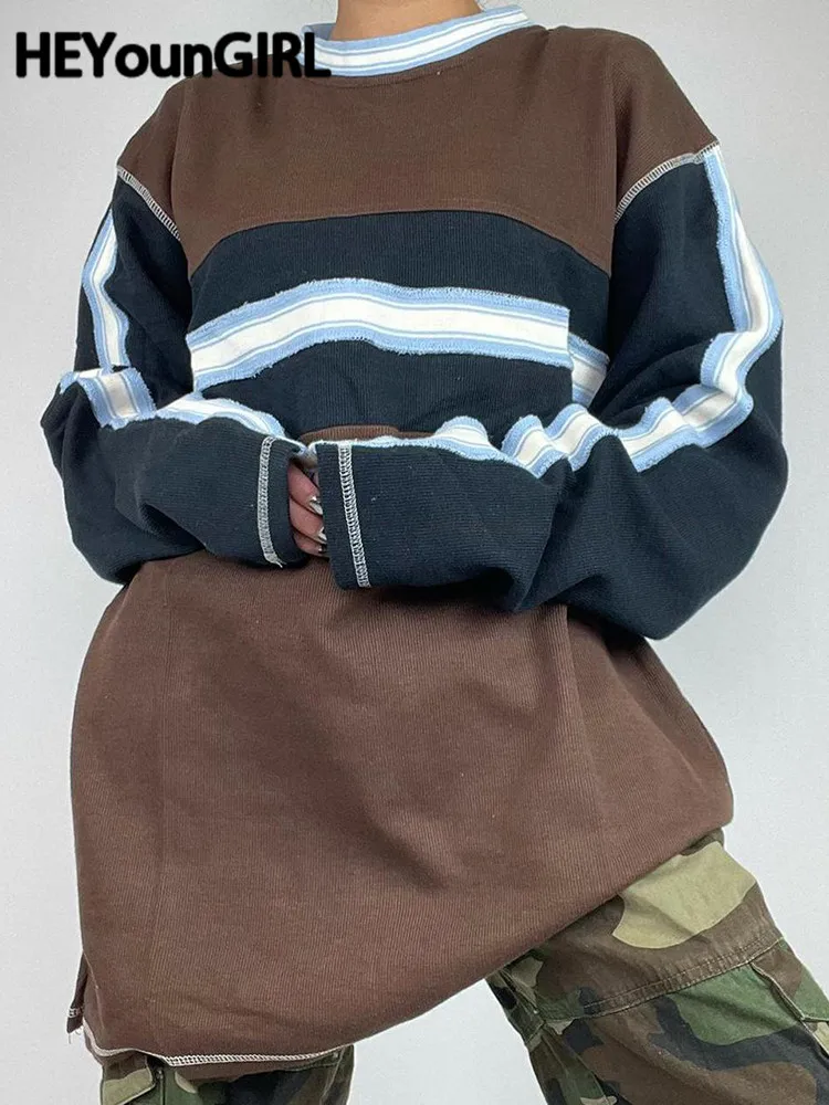 

HEYounGIRL Oversized T Shirt Women Patchwork Long Sleeve Knitted Autumn Y2K Tops Preppy Casual Loose Pullovers Reverse Stitch