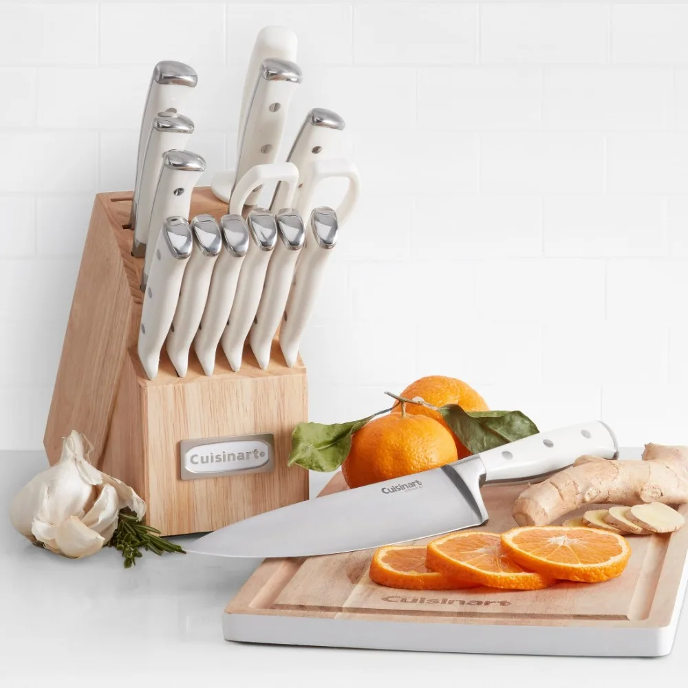 

Classic Forged Triple Rivet 15-Piece Cutlery Set with Block, White and Stainless,kitchen Accessories ,kitchen Knife Set ,chef