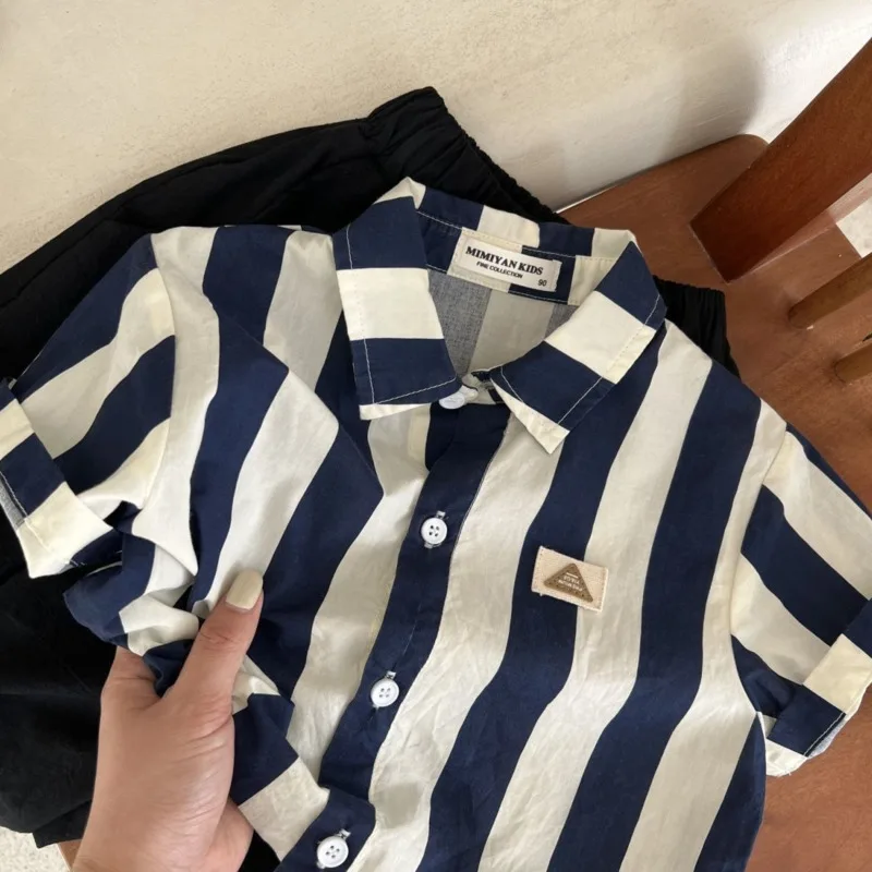 

Blue Stripe Summer Shirts Boys Stripe Shirt Children Strip Short Sleeve Shirt Camisa baby Time Little Boys Clothing dinosaur