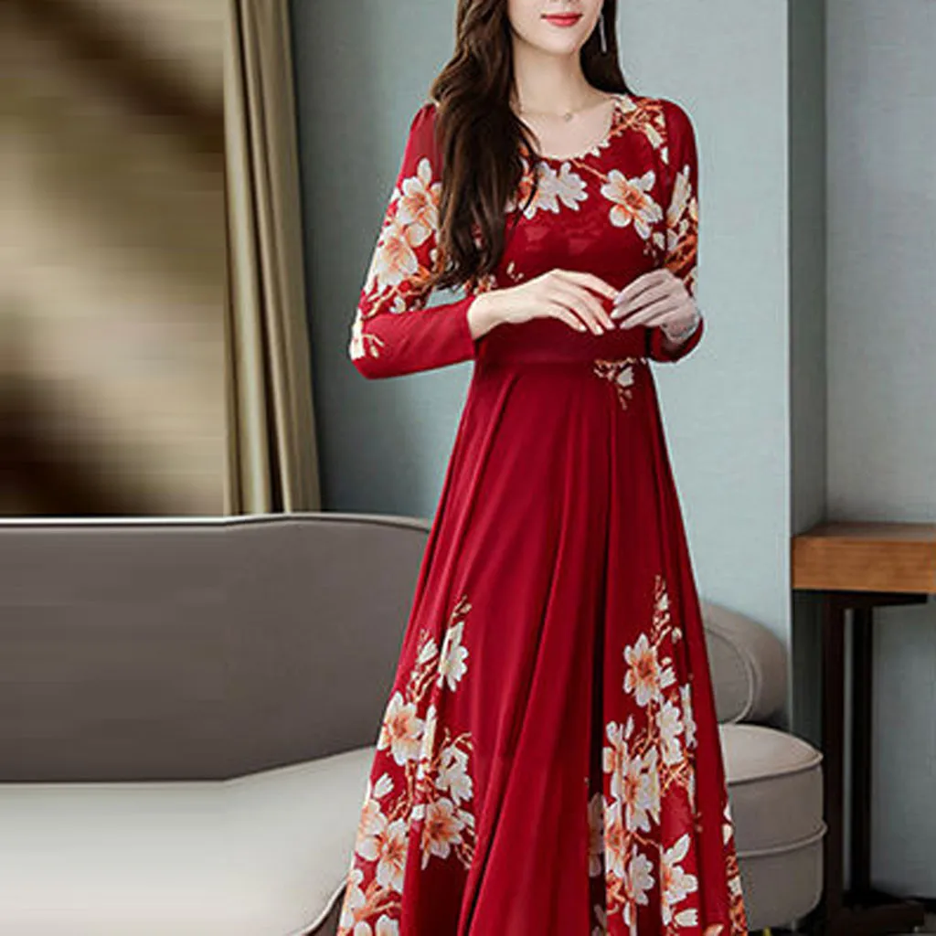 

Spring Retro Floral Print Hem A-Line Dress Boho Dress 2022 Women Deep V Neck Long Party Dress Long Dress Women's Clothing 2022