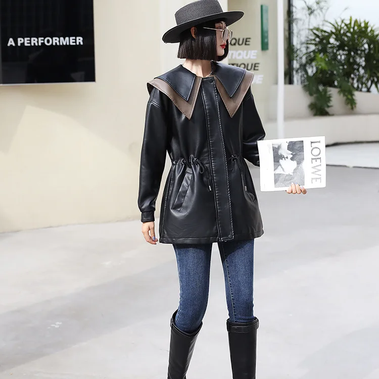 KoHuiJoo 2022 Autumn Korean Long Leather Coat Women Sailor Collar Sweet Casual Drawstring Washing PU Leather Jacket Black Coffee