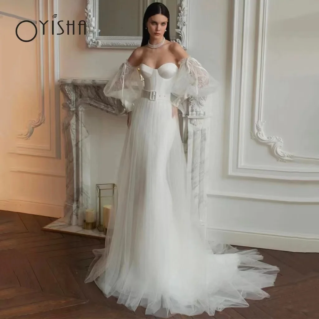 

OYISHA Puff Sleeves Princess Mermaid Wedding Dresses Sweetheart Backless Tulle Bridal Dress Sweep Train Sashes Design Lace-up