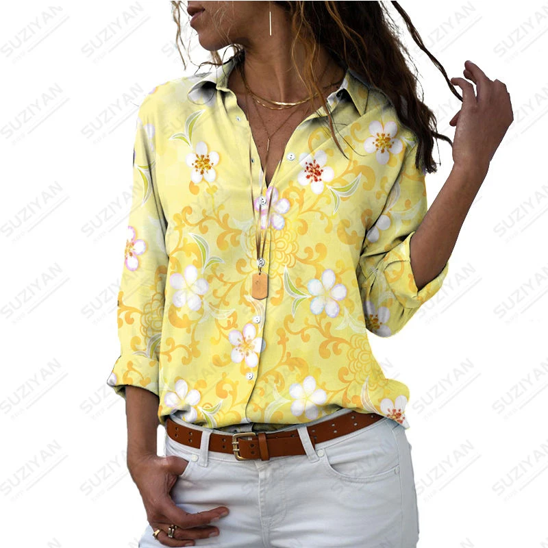 

Spring Autumn New Checker Dense Floral Pattern 3D Printed Shirt Button Lapel Cardigan Top Women's Loose Casual Long Sleeve Shirt