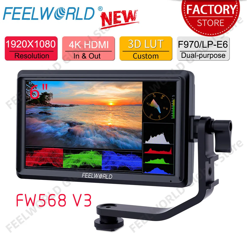 

FEELWORLD FW568 V3 6 Inch DSLR Camera Monitor with Waveform LUTs Small Full HD 1920x1080 IPS 4K HDMI Type-C DC Output Tilt Arm