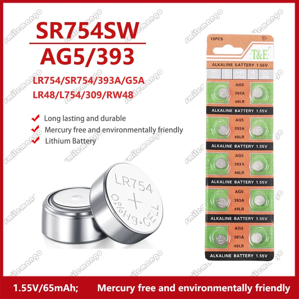 Фото Кнопочные батарейки AG5 LR754, 2-50 шт., 1,55 в, SR754 193 393, круглая батарейка, Щелочная батарейка L754 SR754SW LR48 для часов, игрушек, часов №1