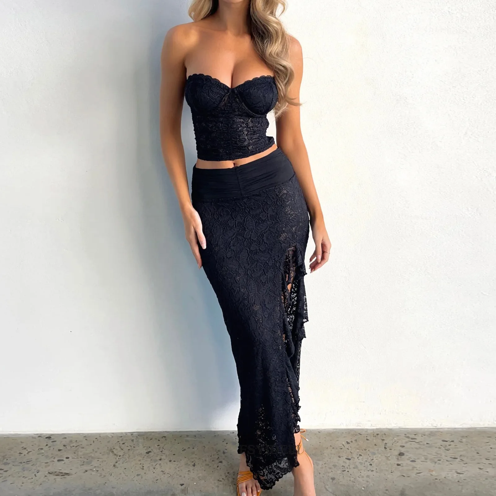 

Летний Винтажный кружевной топ с цветочным рисунком без бретелек без рукавов и юбка с разрезом, облегающий комплект, Праздничные комплекты из 2 предметов, женская одежда, Женская Клубная одежда