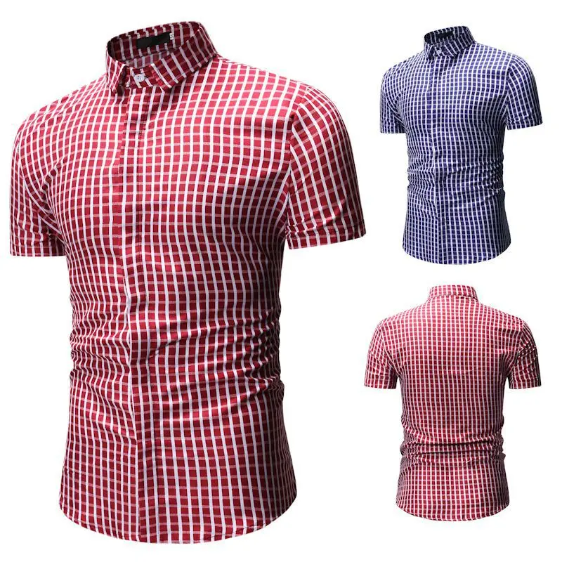 

2022 New Men's Clothing Explosive European and American Men's Casual Small Plaid Print Short Sleeve Shirts Men