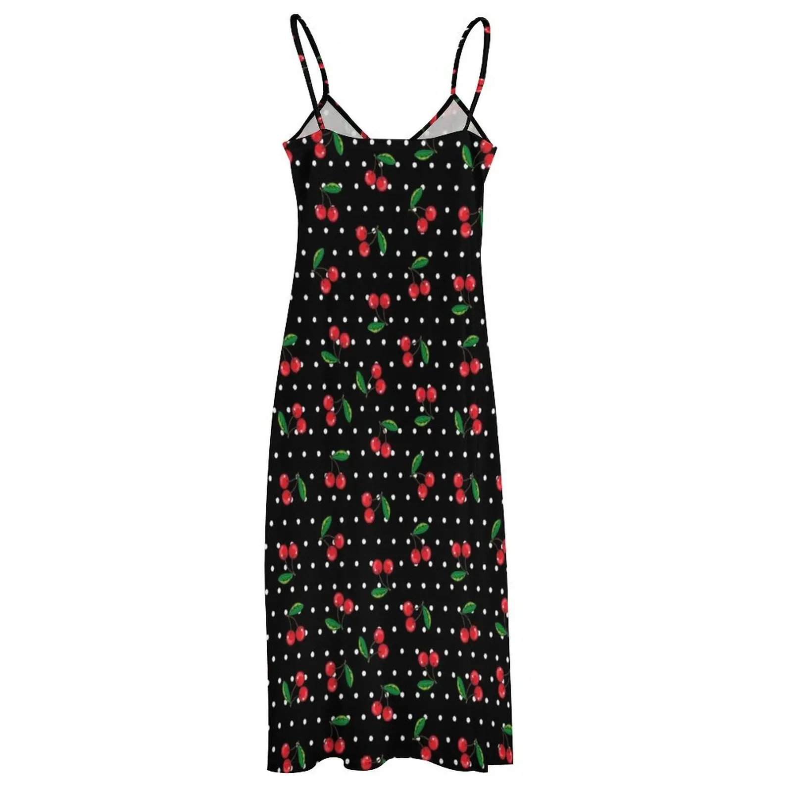 Длинное платье без рукавов с красной вишней и горошком в стиле рокабилли женское