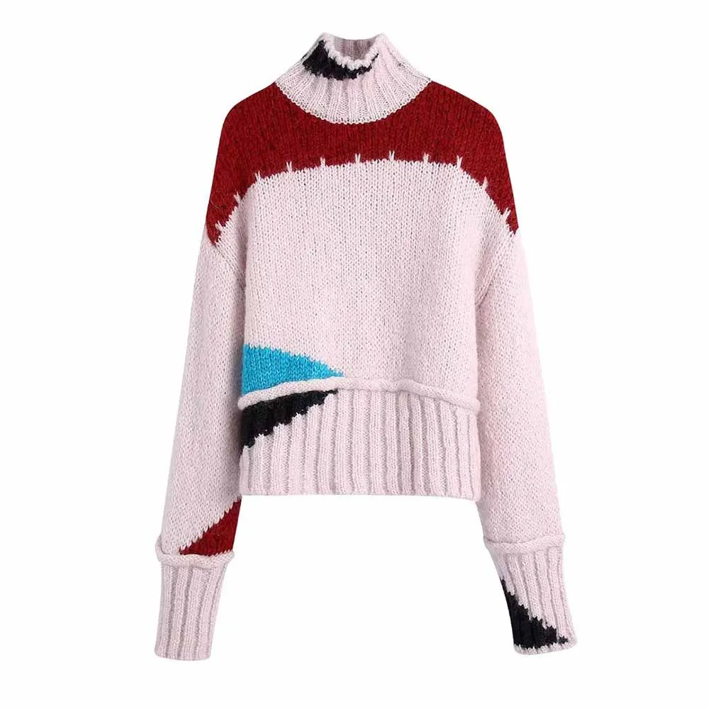 

TRAF WOMEN 2022 Winter Fashion New Color Matching Knit Sweater Elegant Long Sleeve Crew Neck Retro Chic Female Pullover 5201109