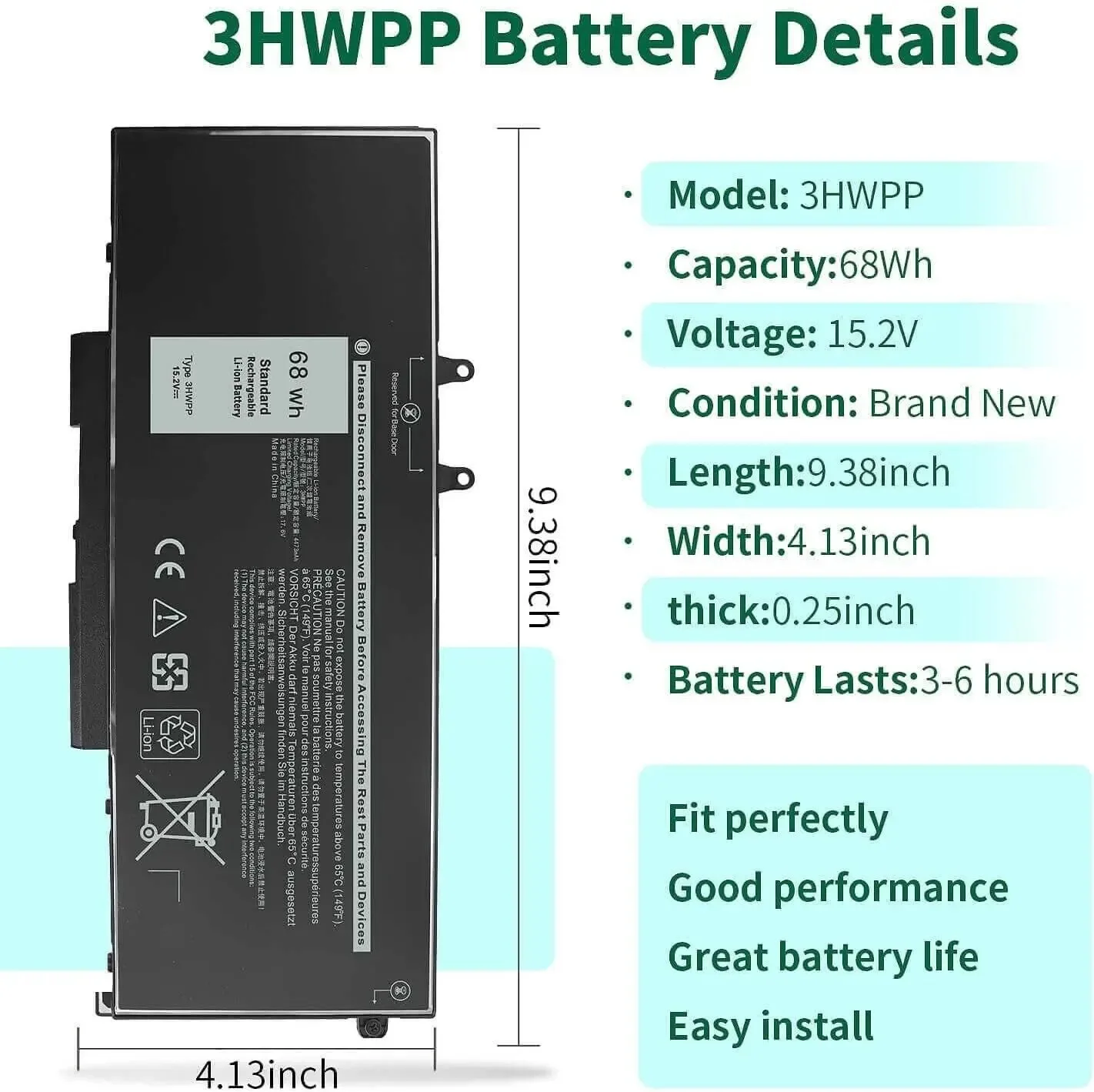 Фото Новый аккумулятор 3HWPP для ноутбука Dell Latitude 5401 5501 Precision 3541 68wh 15,2 V №3
