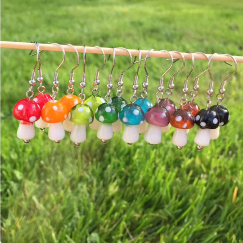 1 pair of cute cartoon mushroom Pendant Earrings suitable for women's glass 8-color Pendant Earrings DIY Party Jewelry Gift Girl