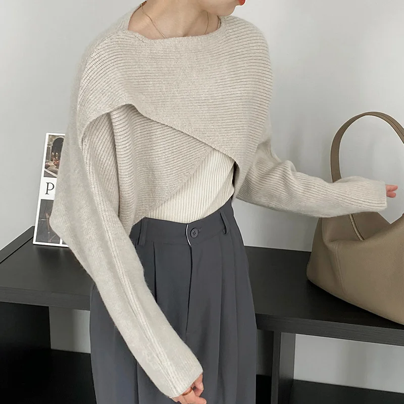 

Короткий пуловер, свитер-шаль, Женский Осенний однотонный Вязаный топ в Корейском стиле для женщин, модель 2022 года