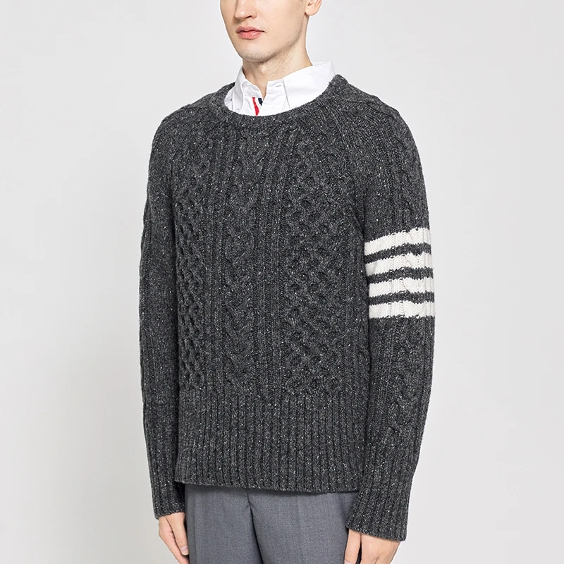 TB THOM Cable- Knit Sweater Men's Slim Casual Striped 4-Bar Luxury Brand Sweatshirts Autunm Winter Long Sleeves Thick Pullovers