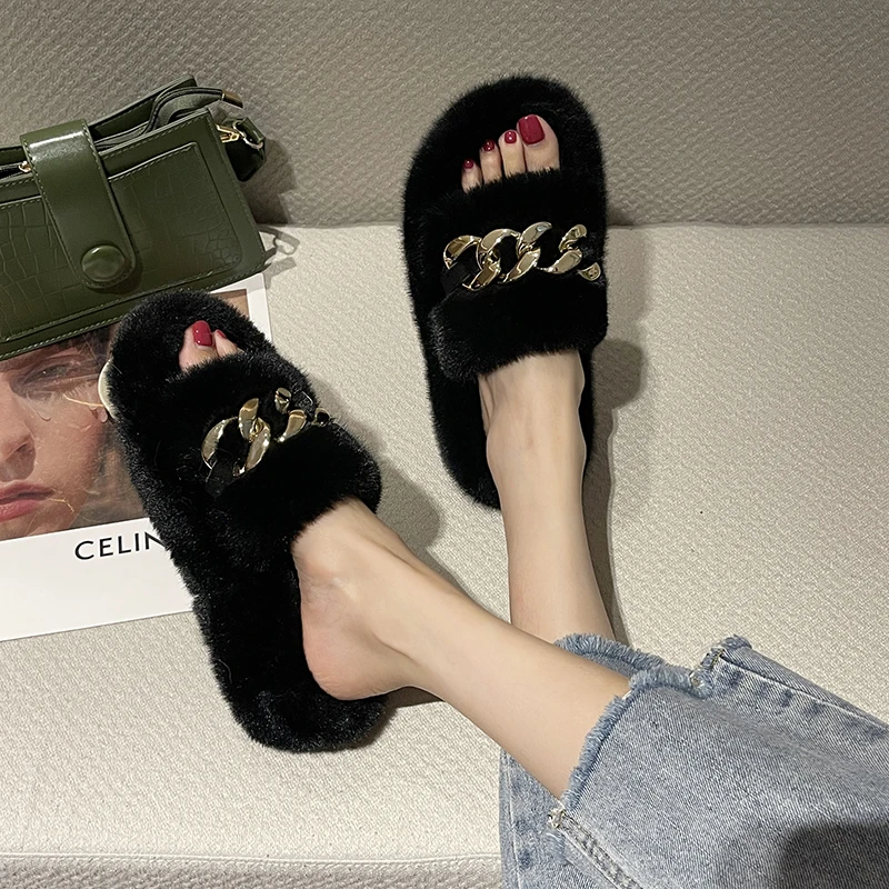 

Женские нескользящие тапочки Minimlsa, зимние плюшевые шлепанцы с открытым носком и металлической цепочкой, шлепанцы из искусственного меха, ...