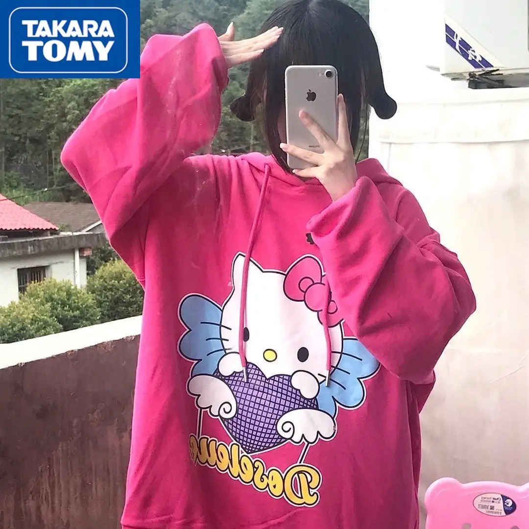 

Осень 2022, новинка, толстовка TAKARA TOMY с мультяшным рисунком Hello Kitty, универсальный топ с длинными рукавами, хлопковый свободный студенческий св...