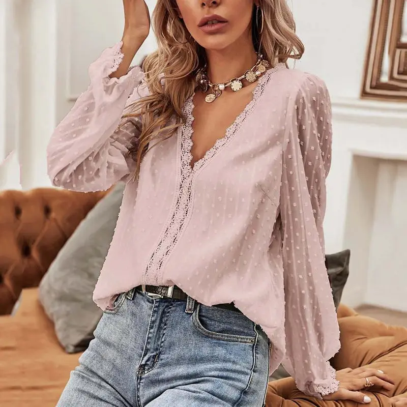 Ladies Loose Long Sleeve Blouse For Women 2022 Spring White Lace Blouse Women Summer Sexy Deep V Neck Chiffon Blouse