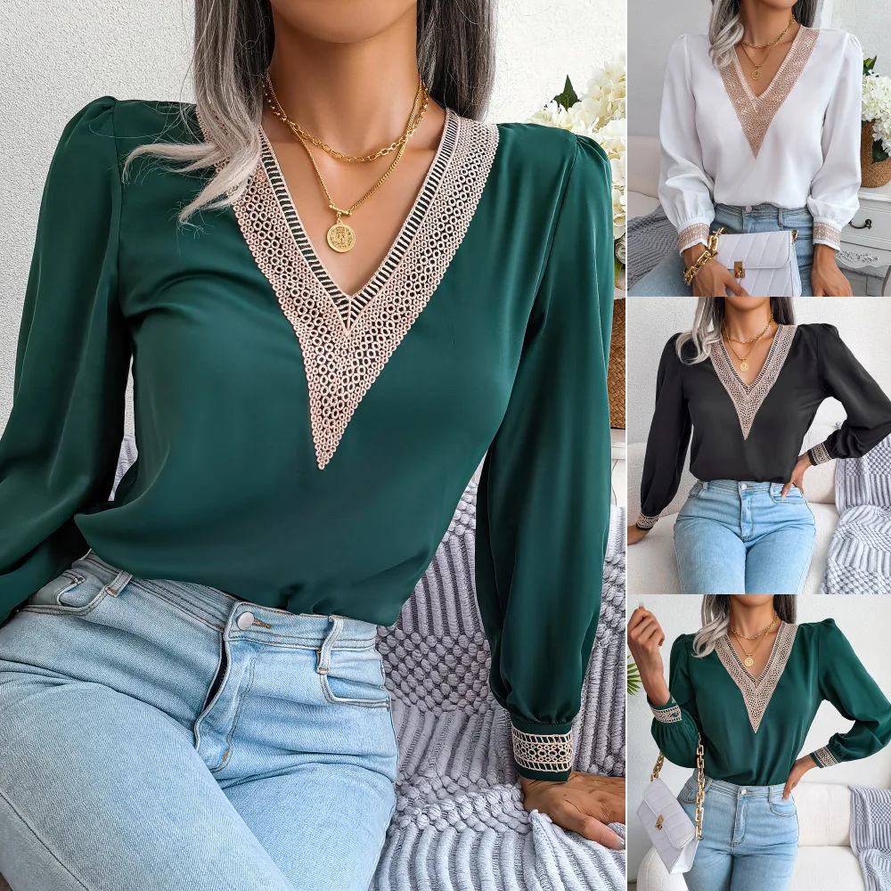 

Женская шифоновая рубашка с вышивкой, Офисная Прямая рубашка с длинным рукавом и V-образным вырезом, Осень-зима 2022