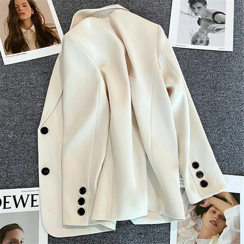 Elegant Office Lady Suit Jacket Long Sleeve Lapel Pocket White Women Blazer 2023 Spring Summer Fashion Button Korean Female Coat