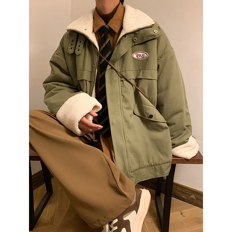 Japanese Fashion Men's Vintage Military Jacket Cotton Padded Jacket for Men Winter Thickened Cotton Parkas Lamb Wool Casual Coat