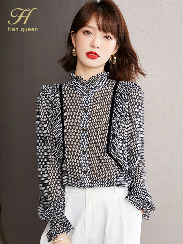 

Новинка, простые шифоновые блузки H Han Queen с оборками и цветочным рисунком, однобортные топы, повседневные свободные офисные блузки с длинным...