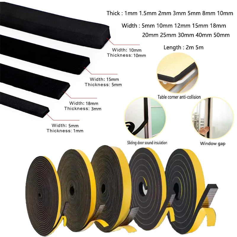 1roll 1-10mm thick Strong adhesion EVA black sponge foam rubber tape anti-collision seal stri Width 5-40mmSound insulation Strip