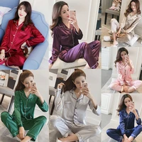 womens silk satin long sleeve ice silk two piece casual cardigan pajama set two piece womens loungewear plus size