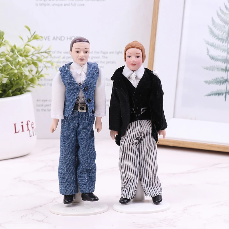 

1:12 Dollhouse Miniature Porcelain Doll People Model Business Suit Tuxedos Men Doll With Bracket Beautiful Boy Doll Decor Toy