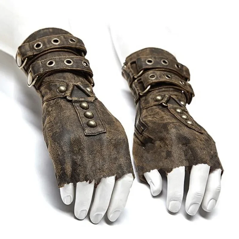 

Steampunk Military Motocycle Gloves Gothic One Pair Mens Black Brown Colours Fingerless Gloves Medieval Cosplay Accessories