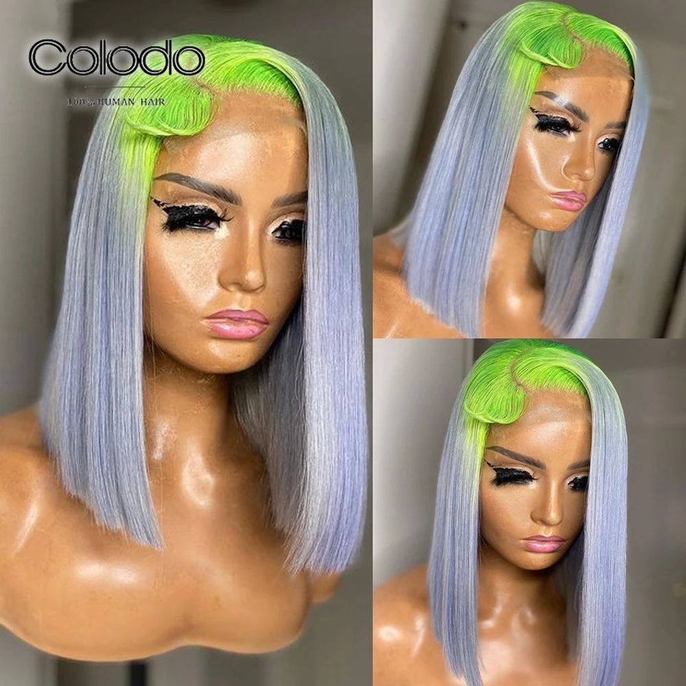 

COLODO Grey Ombre Green Color 13x4 Lace Front Wigs For Women Brazilian Remy Human Hair Straight Bob Wig Preplucked Hairline