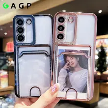 삼성 갤럭시 노트 20 S22 S21 S23 울트라 플러스 A52 A53 72 12 13 A32 51 71 용 포토 카드 슬롯 도금 케이스, 투명 소프트 커버