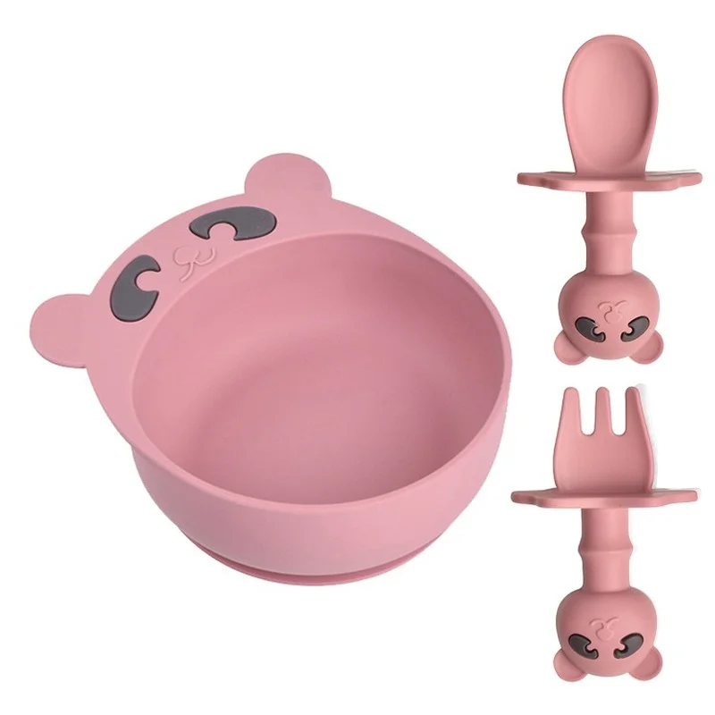 

3PC/Set Baby Silicone Feeding Set Suction Bowls Kids Tableware Baby Silicone Bowl with Spoon Fork Panda Dishes Infant Plates