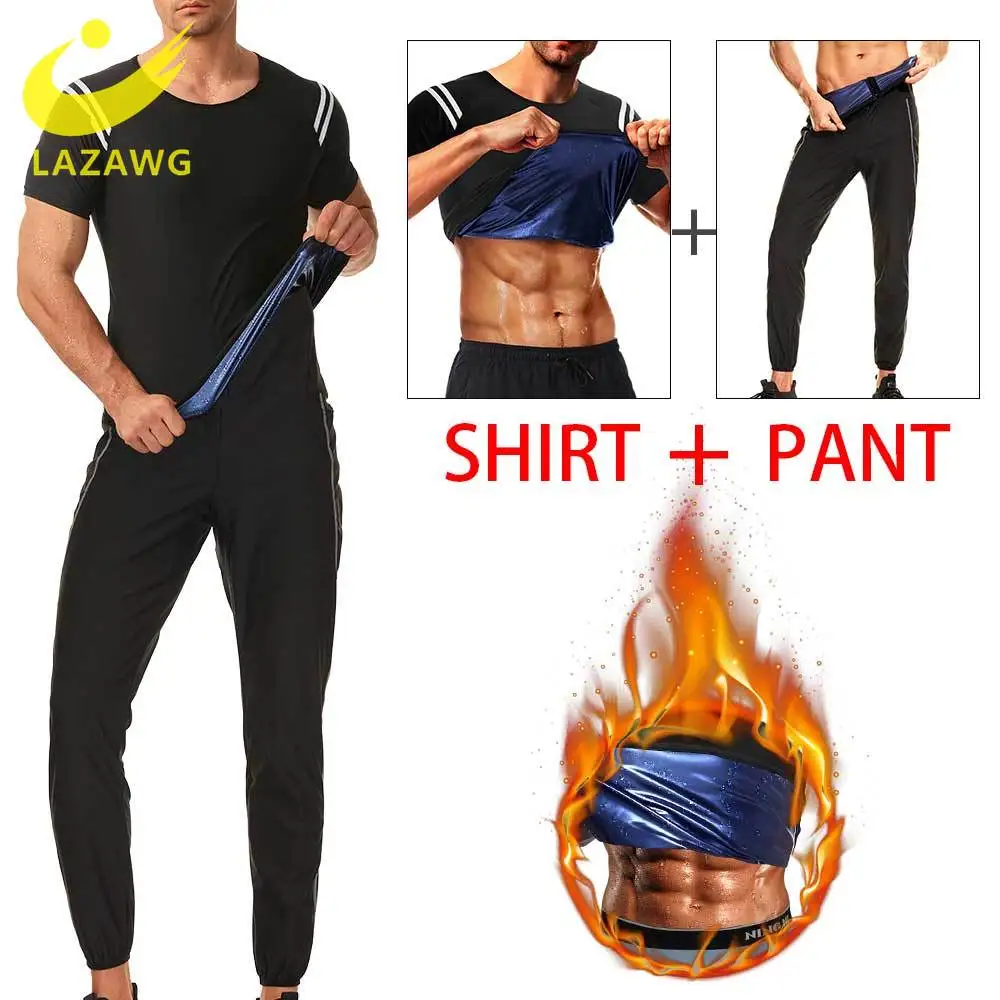 LAZAWG Sauna Suit for Men Sports Set Body Shaper Sweat Pants Vest Weight Loss Tank Top Slimming Shirt Waist Trainer Fat Burner