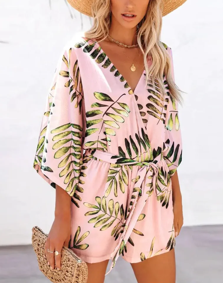 

Jumpsuit Women 2022 Summer Elegant Plants Print Casual Chic V-Neck Above Knee Satin Vacation Romper with Belt