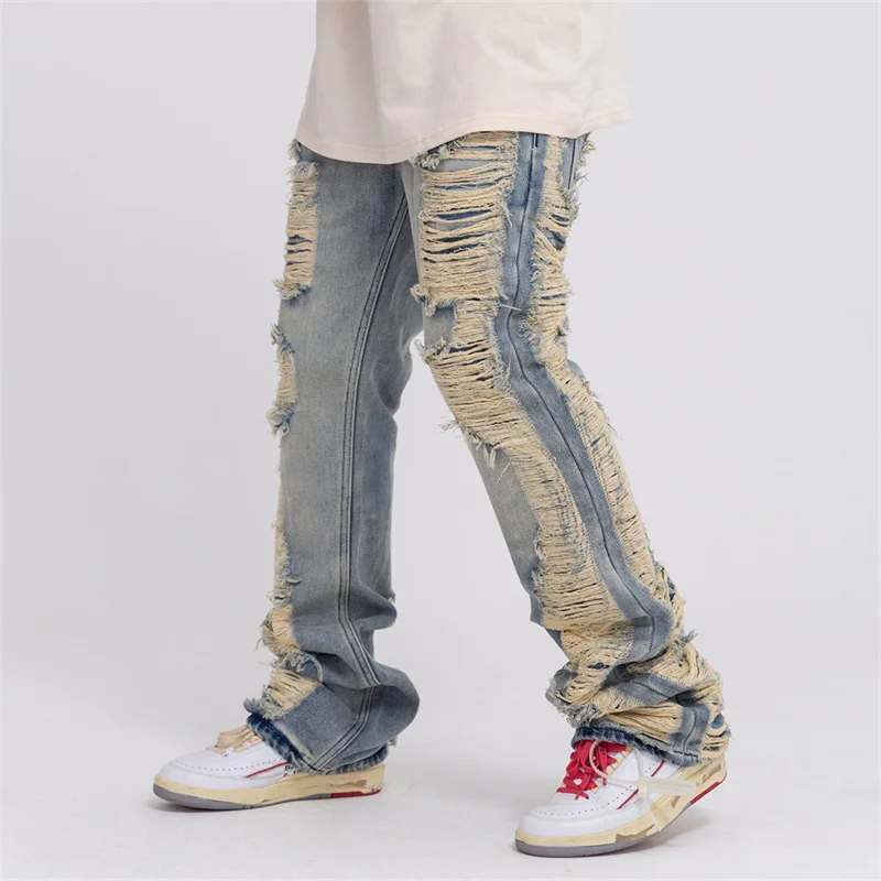 

Streetwear Jeans Y2k Ripped Brushed Damage Hole Punk Denim Trousers Men Washed Baggy Wide Straight Leg Stacked Star Rushed Pants